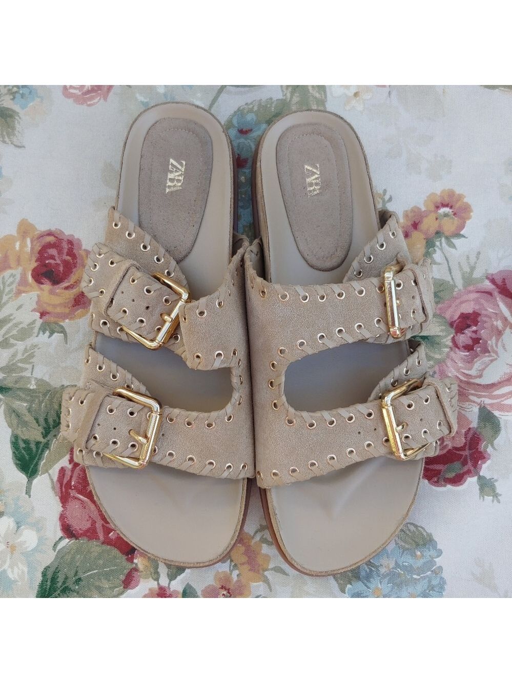 Zara Tan Suede Double Strap Slide Sandals with Gromets Women's size US 11 Euro 4 - Picture 12 of 17